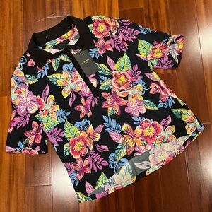 New NWT LE SUPERBE Black Short Sleeve Floral Viscose Shirt Collar Size‎ Large